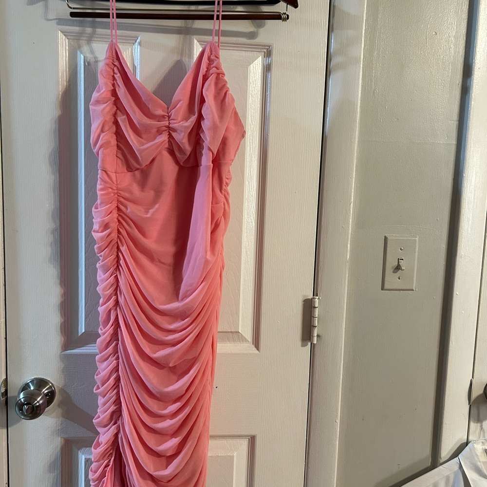 SHEIN SXY Plus Ruched Split Hem Mesh Cami Pink Curve Dress